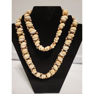 Vintage 36 in Long Natural Cream Cowrie and Snail Shell Statement Necklace, Boho